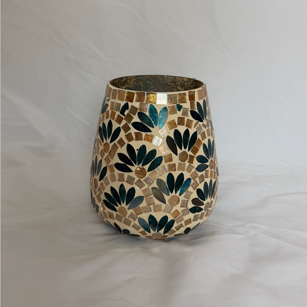 Mosaic Candle Holder with Leaf Design